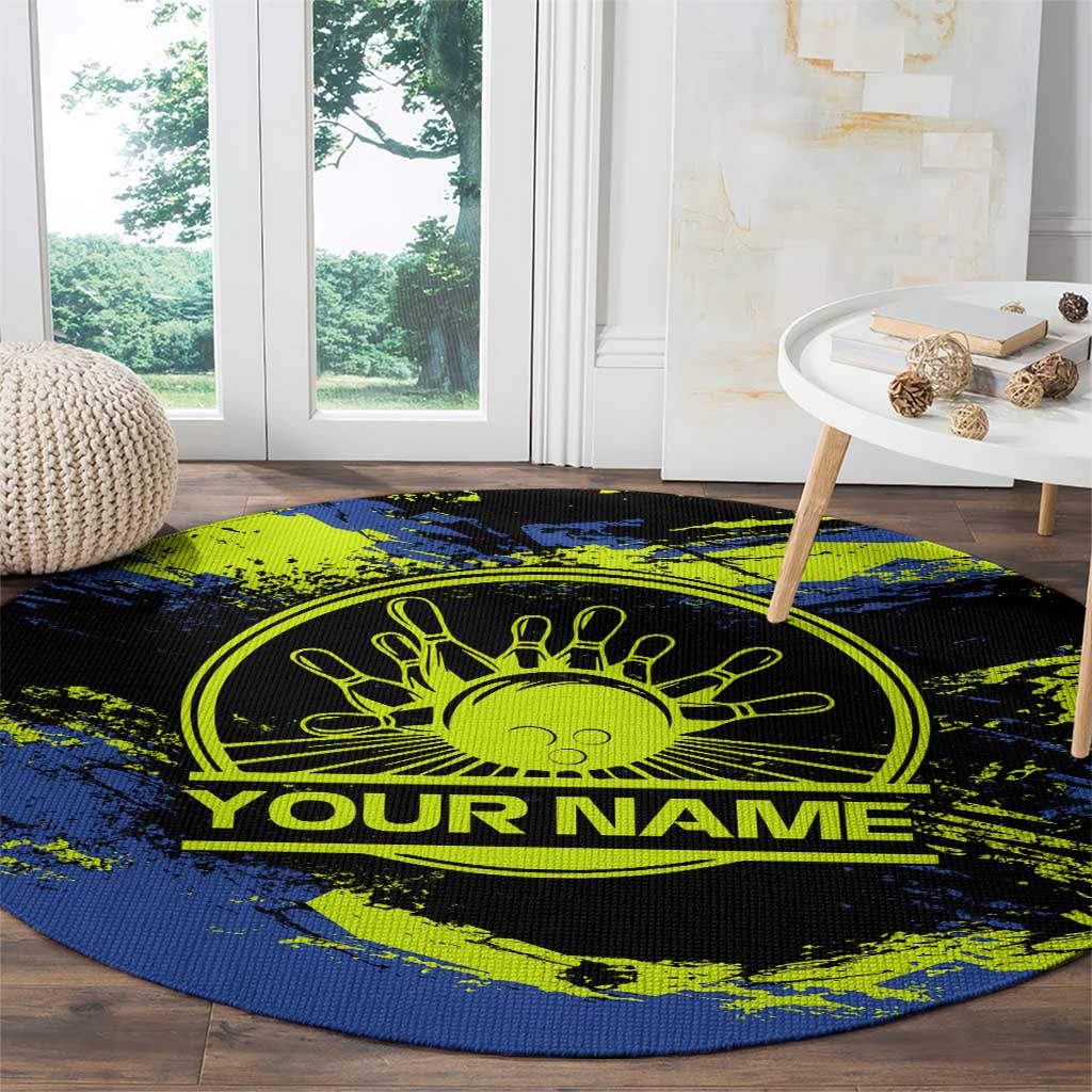 Abstract Blue and Yellow Bowling Ball Strike Design Round Carpet with Custom Name Print - Wonder Print Shop
