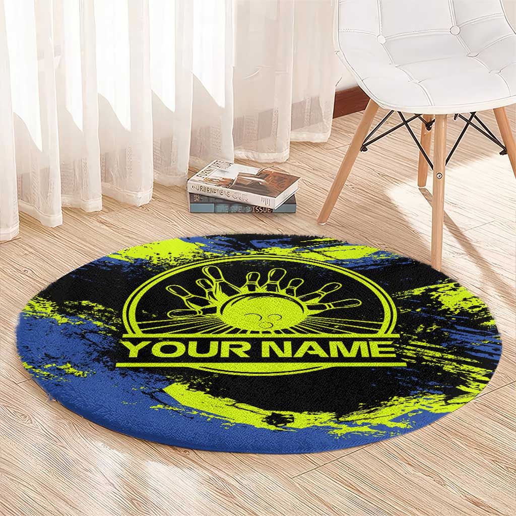 Abstract Blue and Yellow Bowling Ball Strike Design Round Carpet with Custom Name Print - Wonder Print Shop