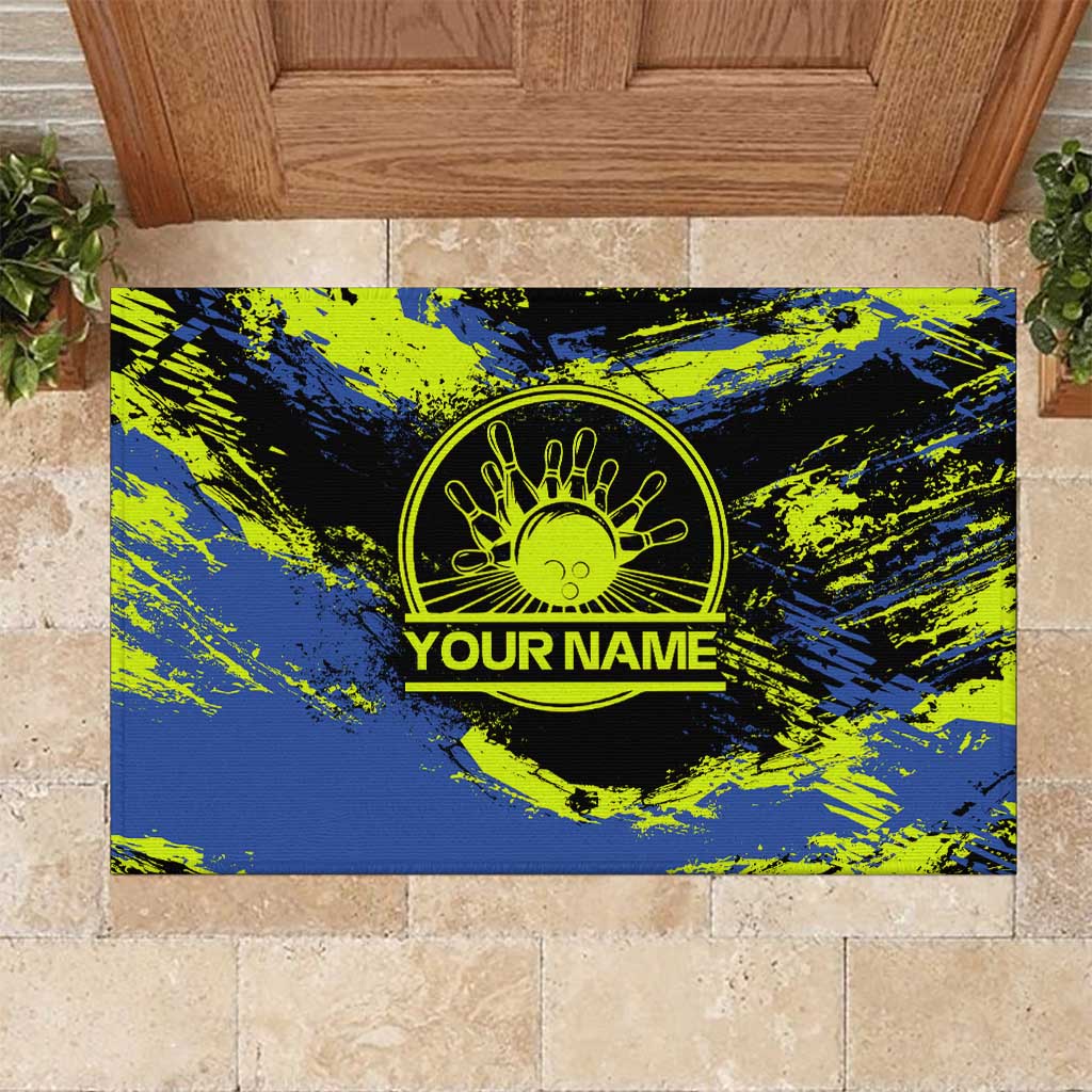 Abstract Blue and Yellow Bowling Ball Strike Design Rubber Doormat with Custom Name Print - Wonder Print Shop