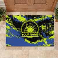 Abstract Blue and Yellow Bowling Ball Strike Design Rubber Doormat with Custom Name Print - Wonder Print Shop