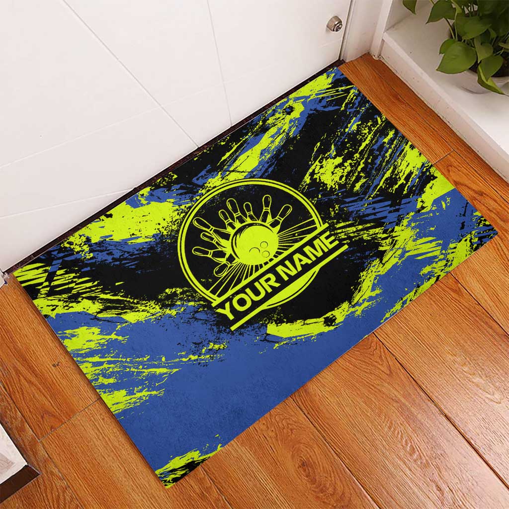 Abstract Blue and Yellow Bowling Ball Strike Design Rubber Doormat with Custom Name Print - Wonder Print Shop