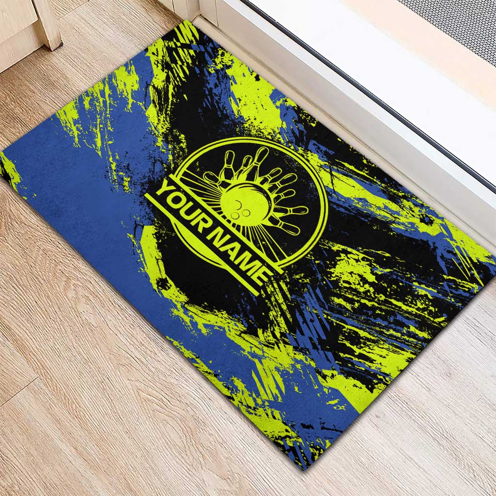Abstract Blue and Yellow Bowling Ball Strike Design Rubber Doormat with Custom Name Print - Wonder Print Shop