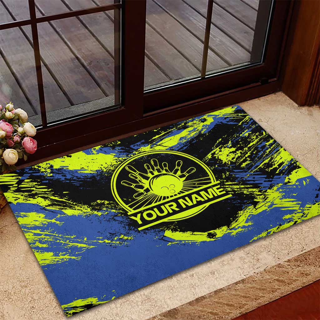 Abstract Blue and Yellow Bowling Ball Strike Design Rubber Doormat with Custom Name Print - Wonder Print Shop