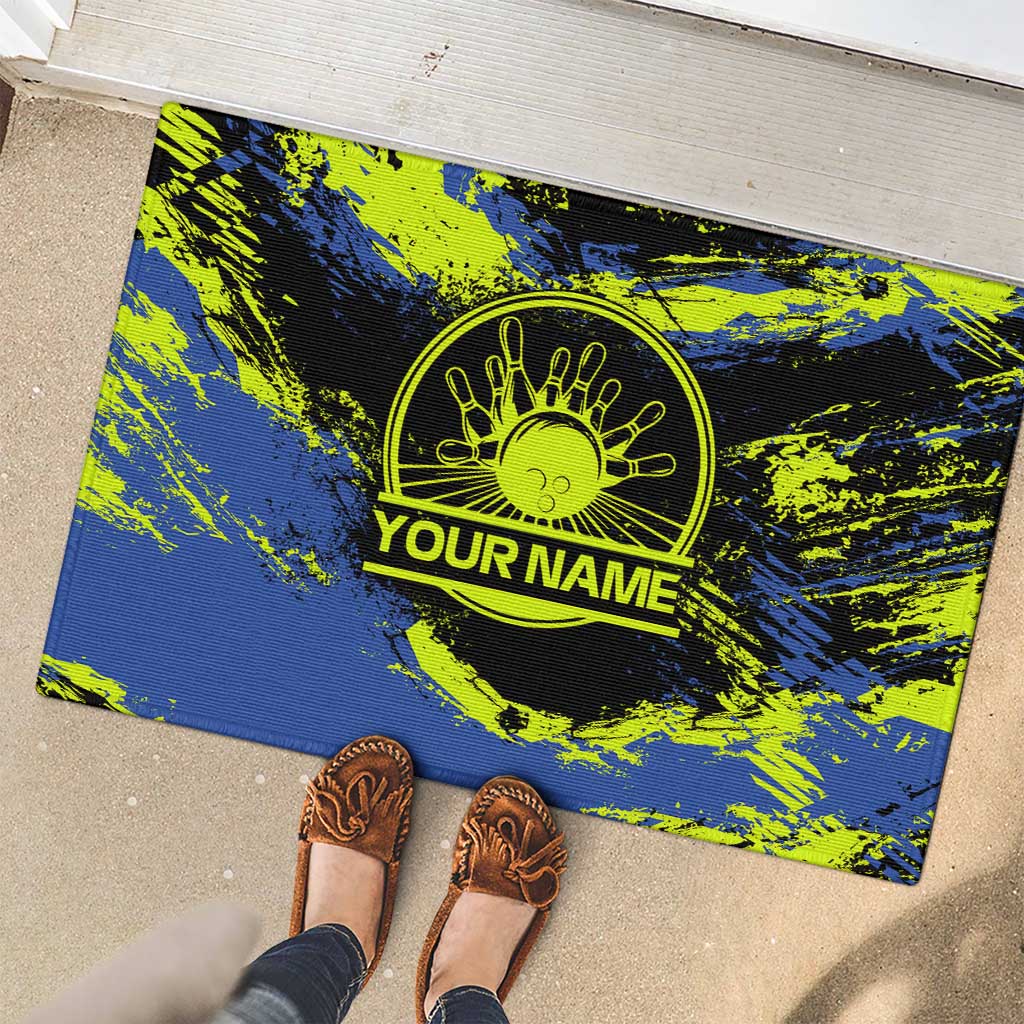 Abstract Blue and Yellow Bowling Ball Strike Design Rubber Doormat with Custom Name Print - Wonder Print Shop
