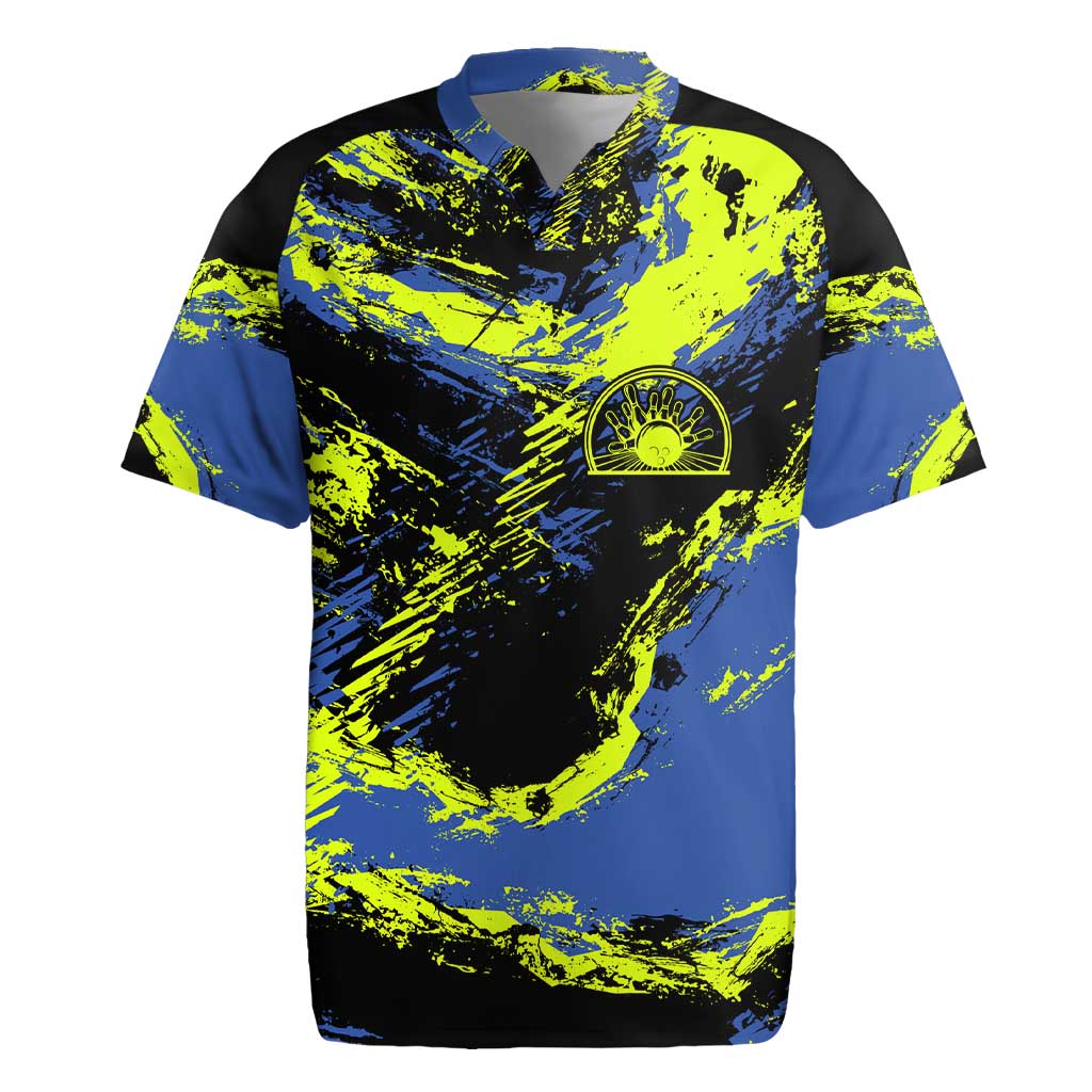 Abstract Blue and Yellow Bowling Ball Strike Design Rugby Jersey with Custom Name Print - Wonder Print Shop