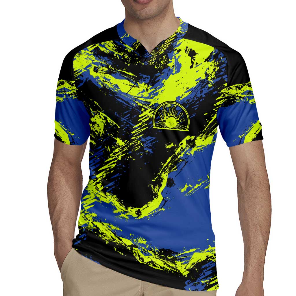 Abstract Blue and Yellow Bowling Ball Strike Design Rugby Jersey with Custom Name Print - Wonder Print Shop