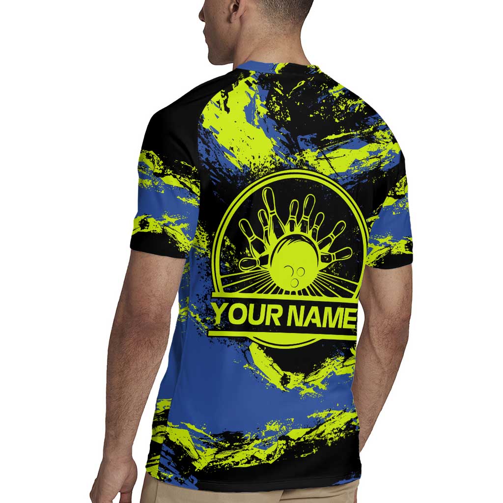 Abstract Blue and Yellow Bowling Ball Strike Design Rugby Jersey with Custom Name Print - Wonder Print Shop