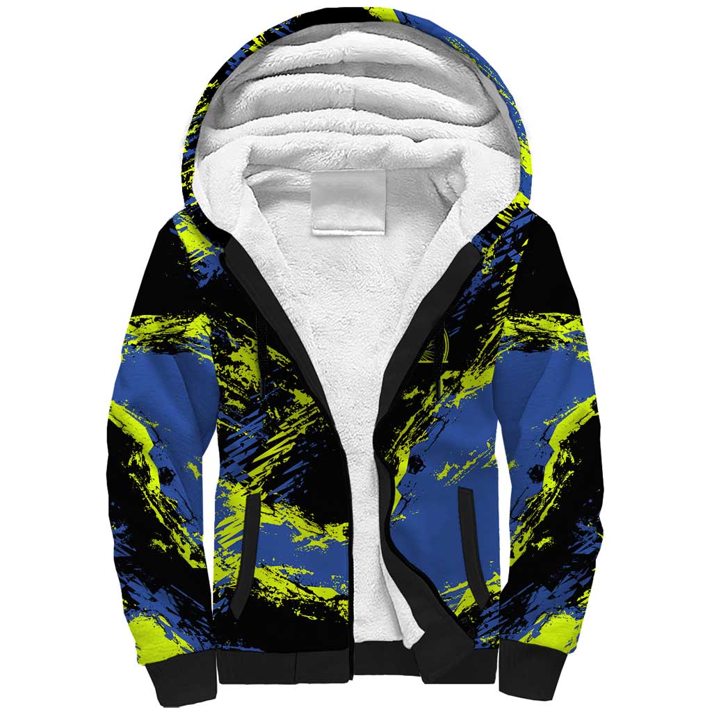 Abstract Blue and Yellow Bowling Ball Strike Design Sherpa Hoodie with Custom Name Print - Wonder Print Shop