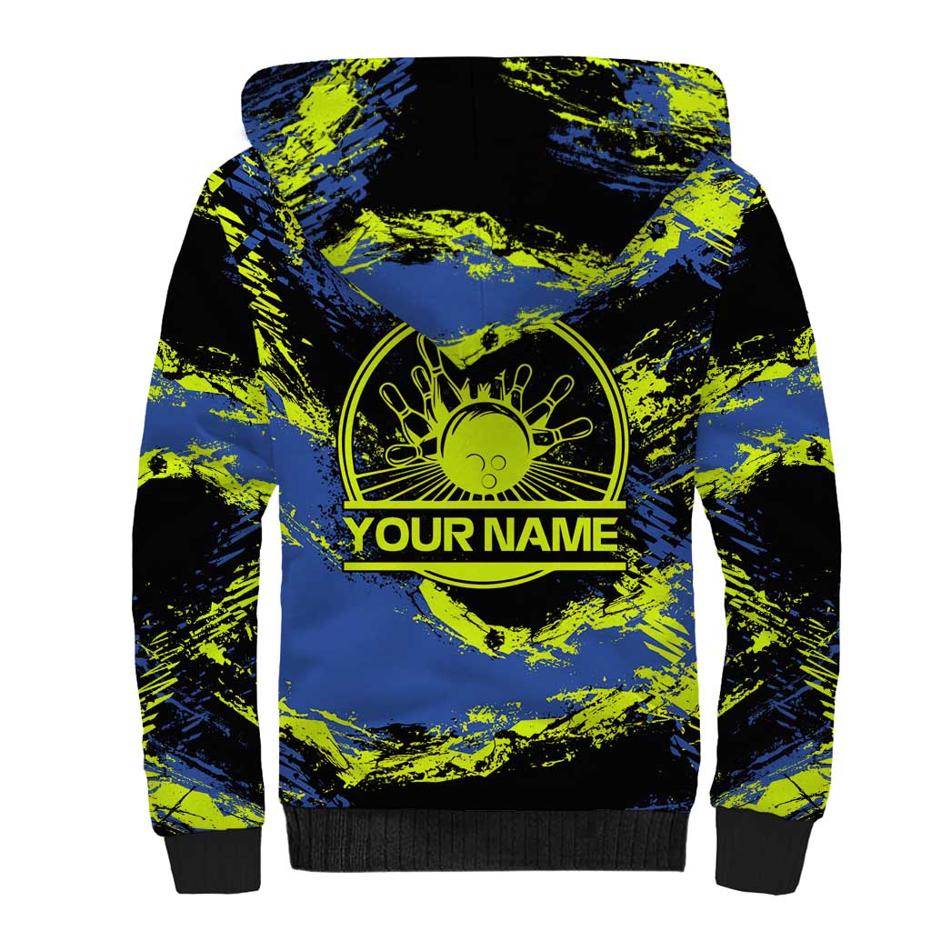 Abstract Blue and Yellow Bowling Ball Strike Design Sherpa Hoodie with Custom Name Print - Wonder Print Shop