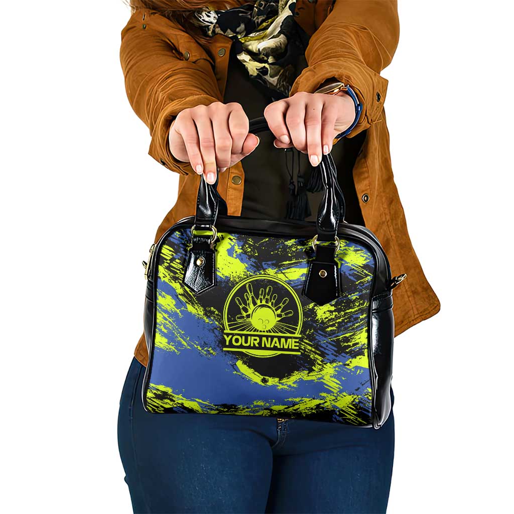 Abstract Blue and Yellow Bowling Ball Strike Design Shoulder Handbag with Custom Name Print - Wonder Print Shop