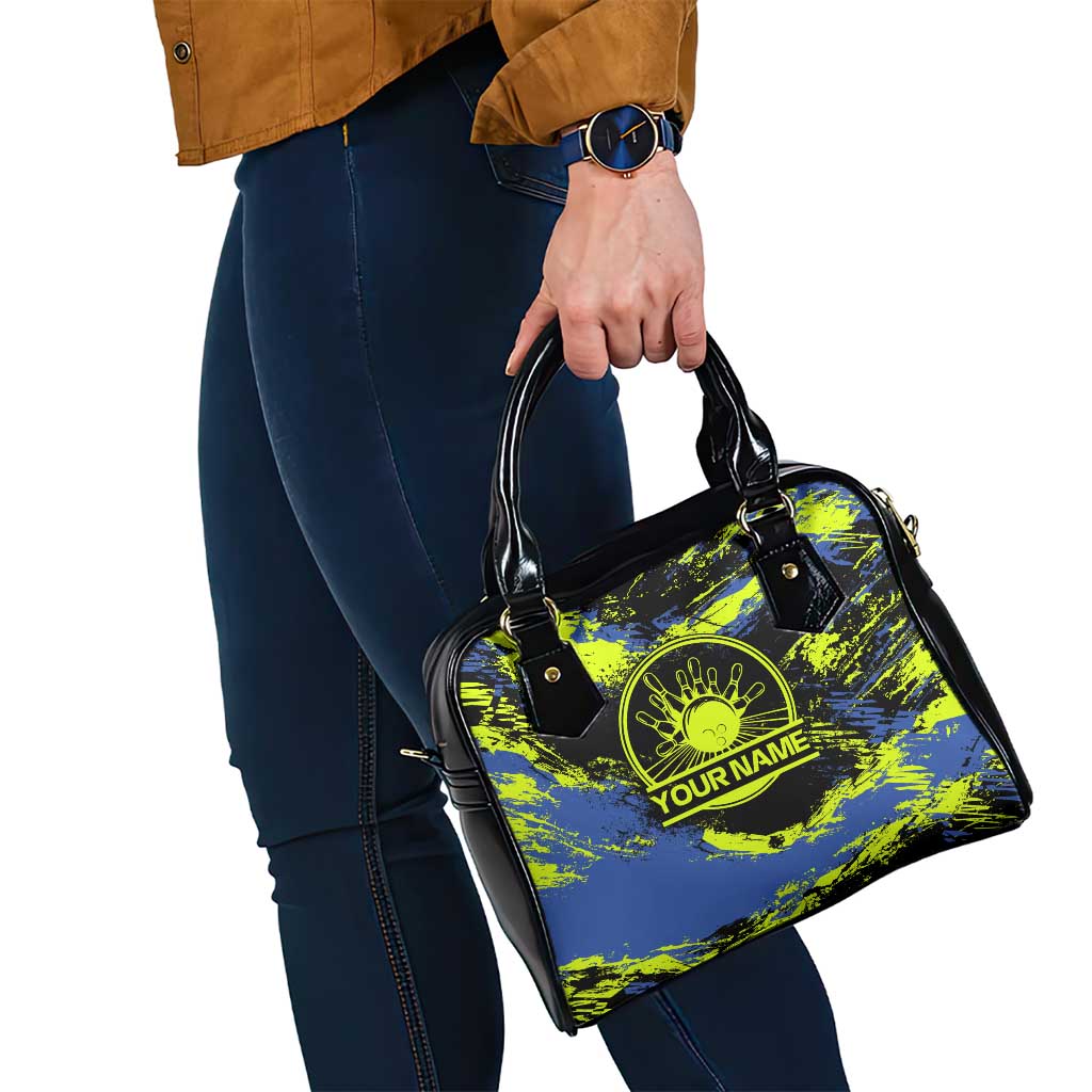 Abstract Blue and Yellow Bowling Ball Strike Design Shoulder Handbag with Custom Name Print - Wonder Print Shop