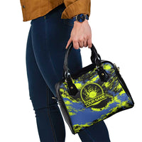 Abstract Blue and Yellow Bowling Ball Strike Design Shoulder Handbag with Custom Name Print - Wonder Print Shop