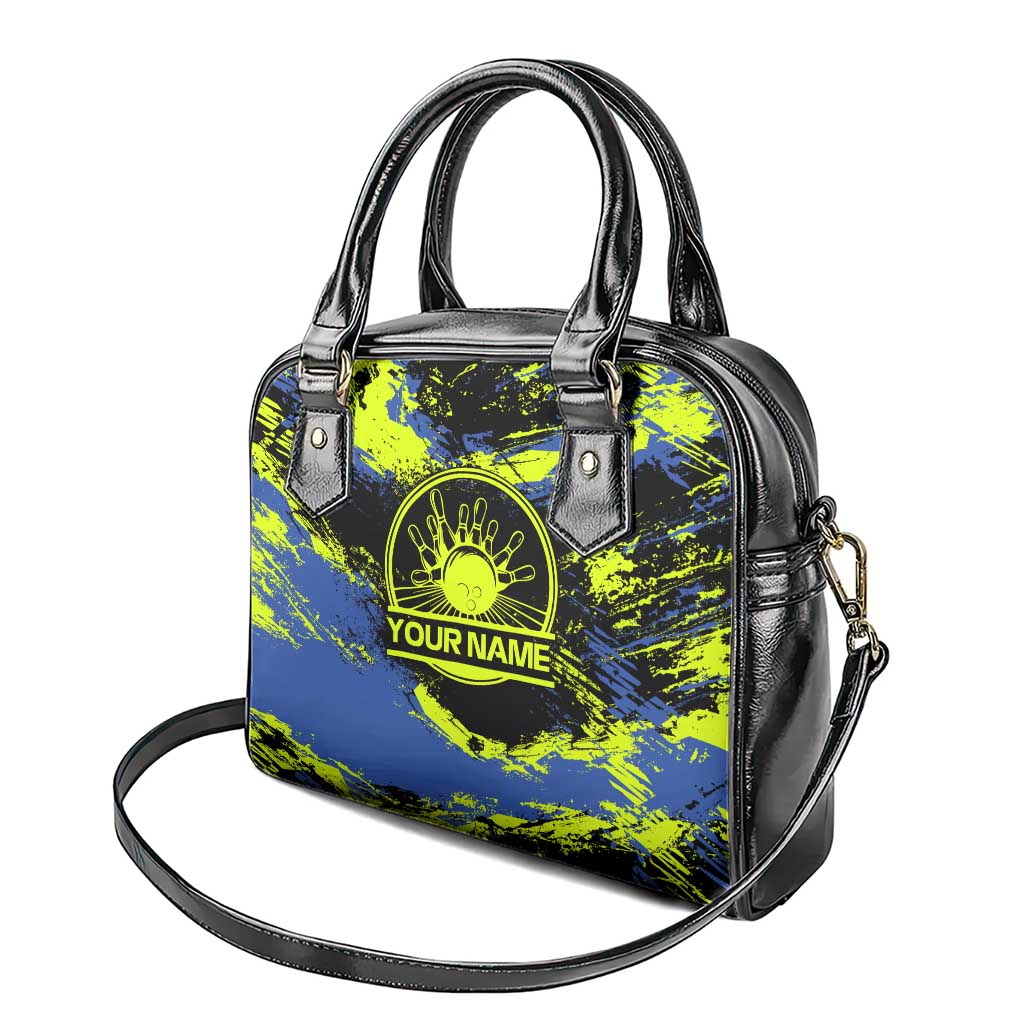 Abstract Blue and Yellow Bowling Ball Strike Design Shoulder Handbag with Custom Name Print - Wonder Print Shop