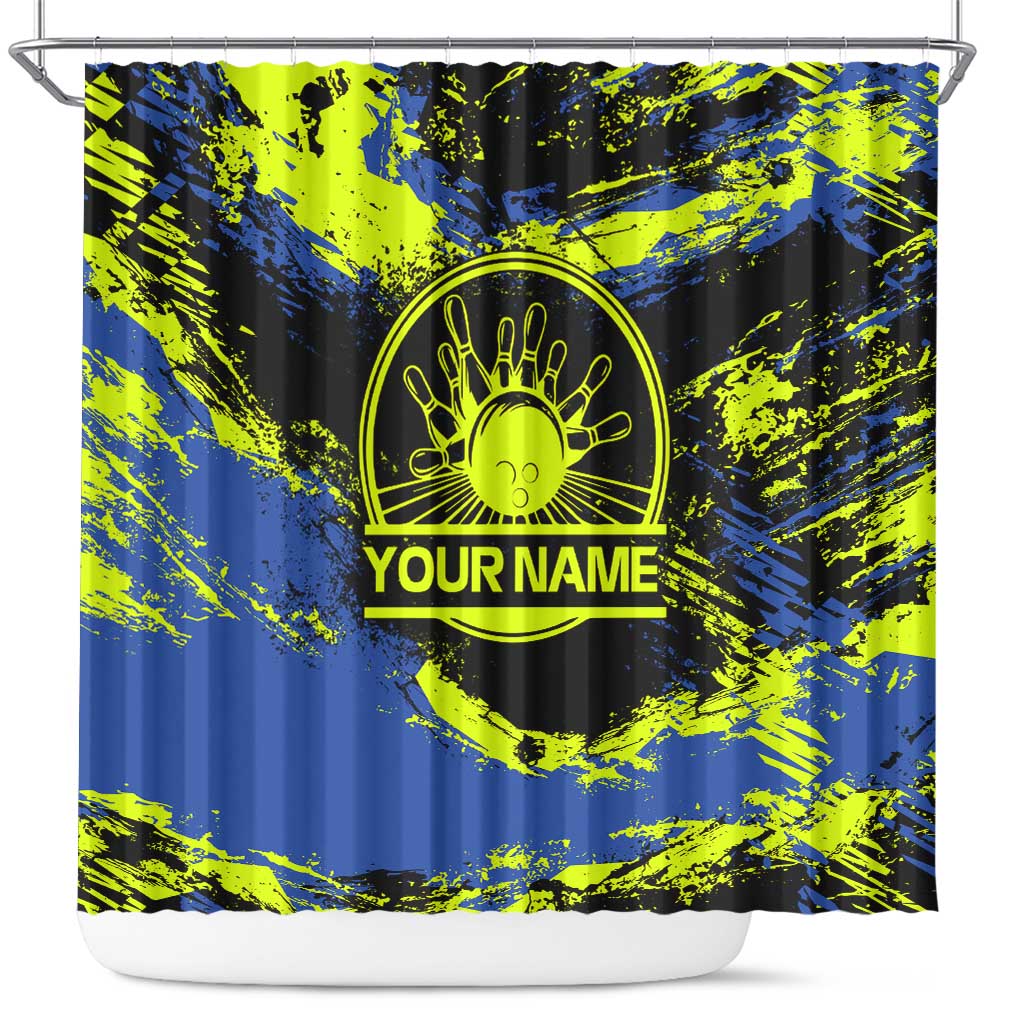 Abstract Blue and Yellow Bowling Ball Strike Design Shower Curtain with Custom Name Print - Wonder Print Shop