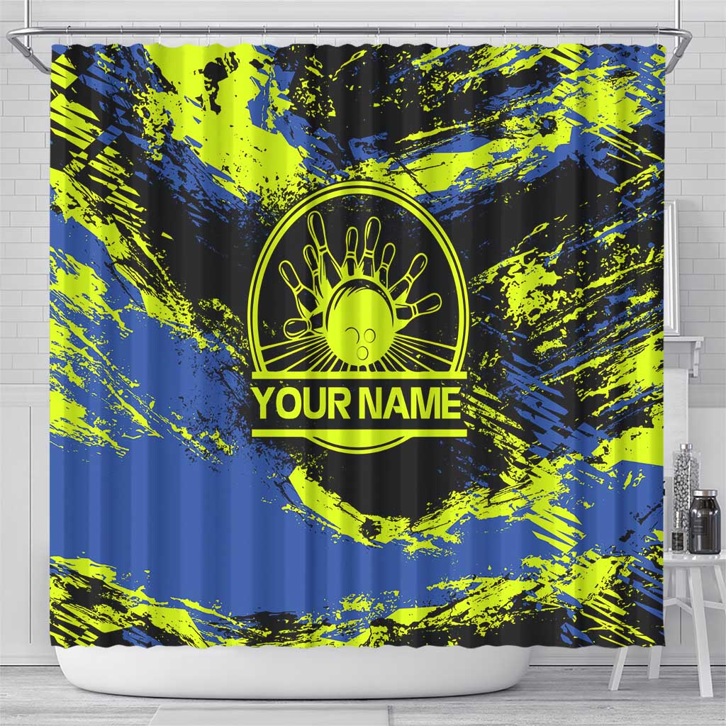 Abstract Blue and Yellow Bowling Ball Strike Design Shower Curtain with Custom Name Print - Wonder Print Shop