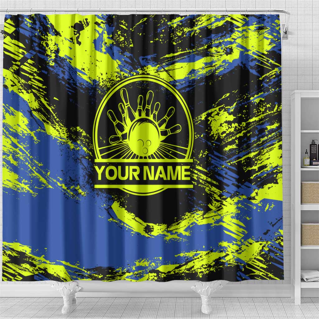 Abstract Blue and Yellow Bowling Ball Strike Design Shower Curtain with Custom Name Print - Wonder Print Shop