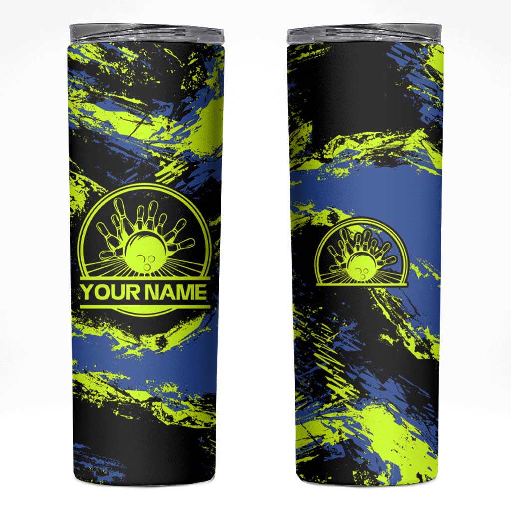 Abstract Blue and Yellow Bowling Ball Strike Design Skinny Tumbler with Custom Name Print - Wonder Print Shop