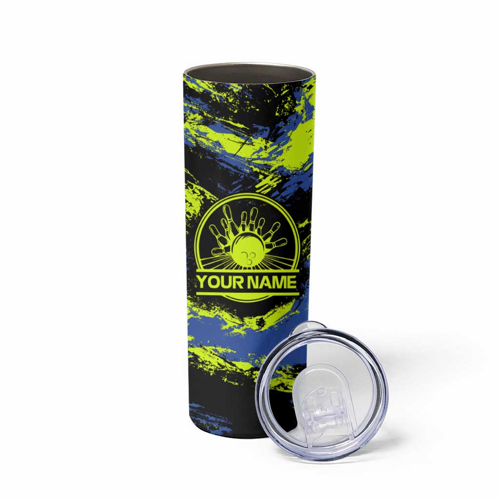 Abstract Blue and Yellow Bowling Ball Strike Design Skinny Tumbler with Custom Name Print - Wonder Print Shop
