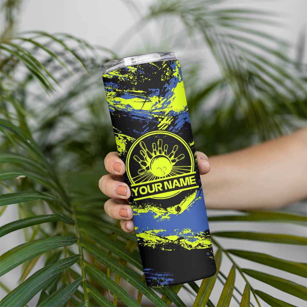 Abstract Blue and Yellow Bowling Ball Strike Design Skinny Tumbler with Custom Name Print - Wonder Print Shop