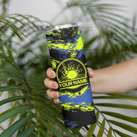 Abstract Blue and Yellow Bowling Ball Strike Design Skinny Tumbler with Custom Name Print - Wonder Print Shop