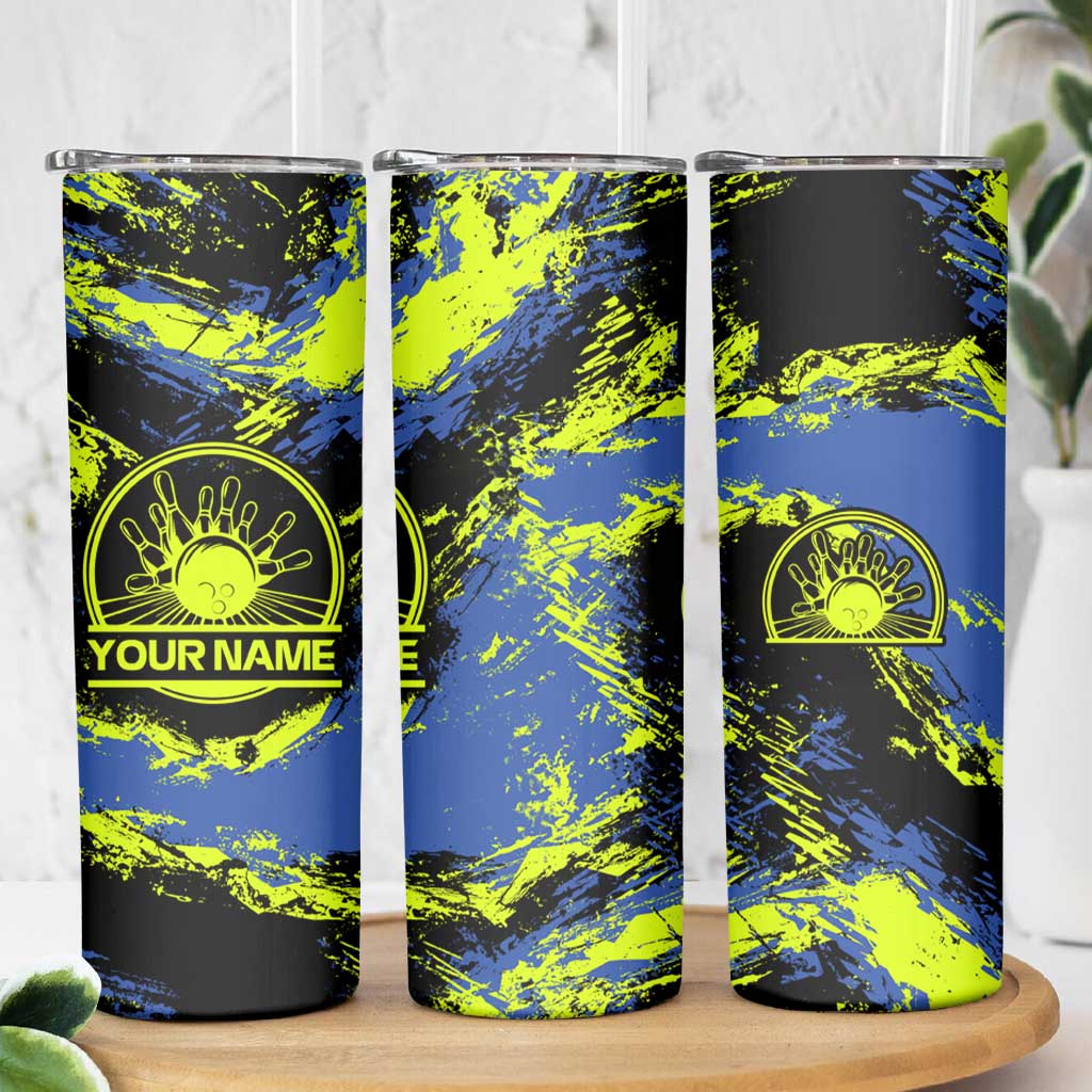 Abstract Blue and Yellow Bowling Ball Strike Design Skinny Tumbler with Custom Name Print - Wonder Print Shop