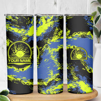 Abstract Blue and Yellow Bowling Ball Strike Design Skinny Tumbler with Custom Name Print - Wonder Print Shop