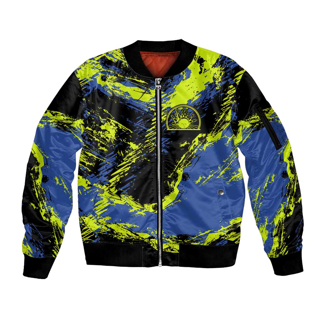 Abstract Blue and Yellow Bowling Ball Strike Design Sleeve Zip Bomber Jacket with Custom Name Print - Wonder Print Shop