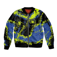 Abstract Blue and Yellow Bowling Ball Strike Design Sleeve Zip Bomber Jacket with Custom Name Print - Wonder Print Shop