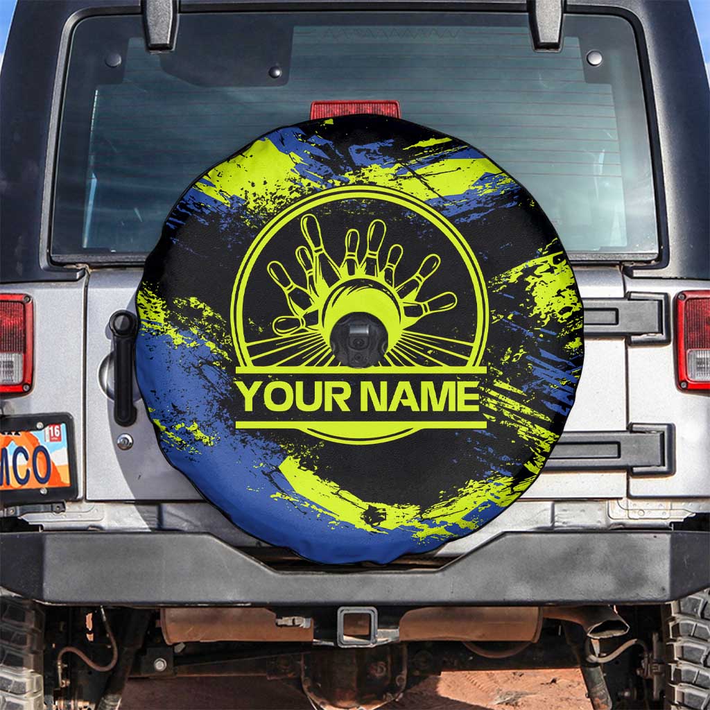 Abstract Blue and Yellow Bowling Ball Strike Design Spare Tire Cover with Custom Name Print - Wonder Print Shop