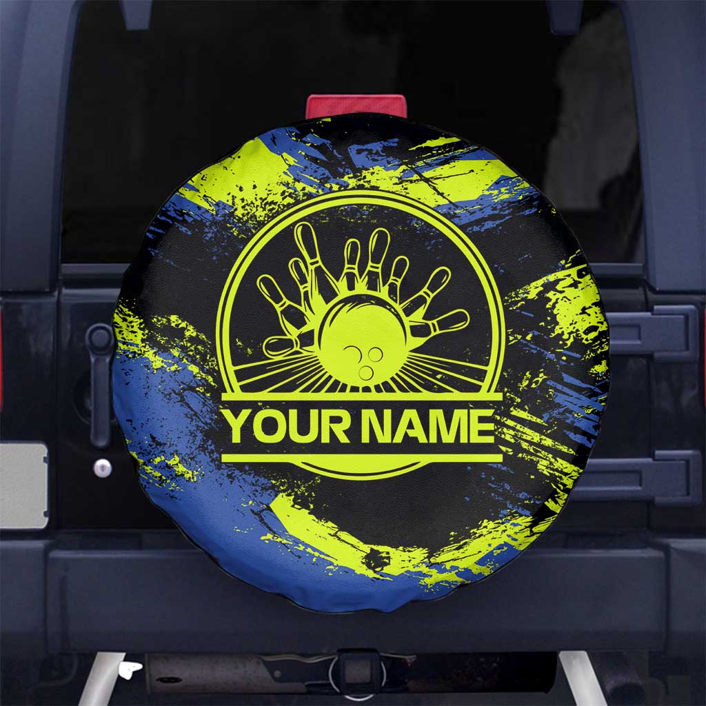 Abstract Blue and Yellow Bowling Ball Strike Design Spare Tire Cover with Custom Name Print - Wonder Print Shop