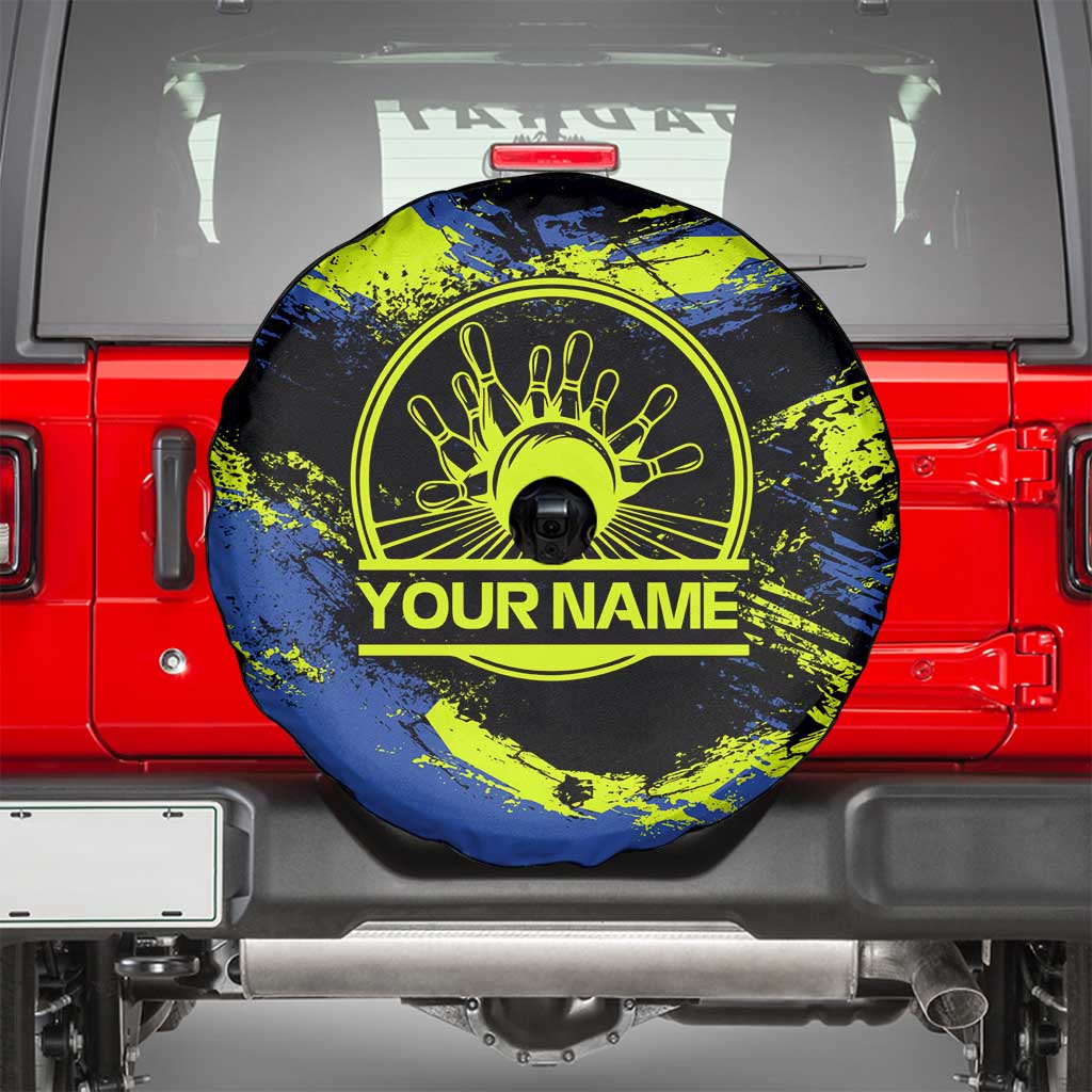 Abstract Blue and Yellow Bowling Ball Strike Design Spare Tire Cover with Custom Name Print - Wonder Print Shop