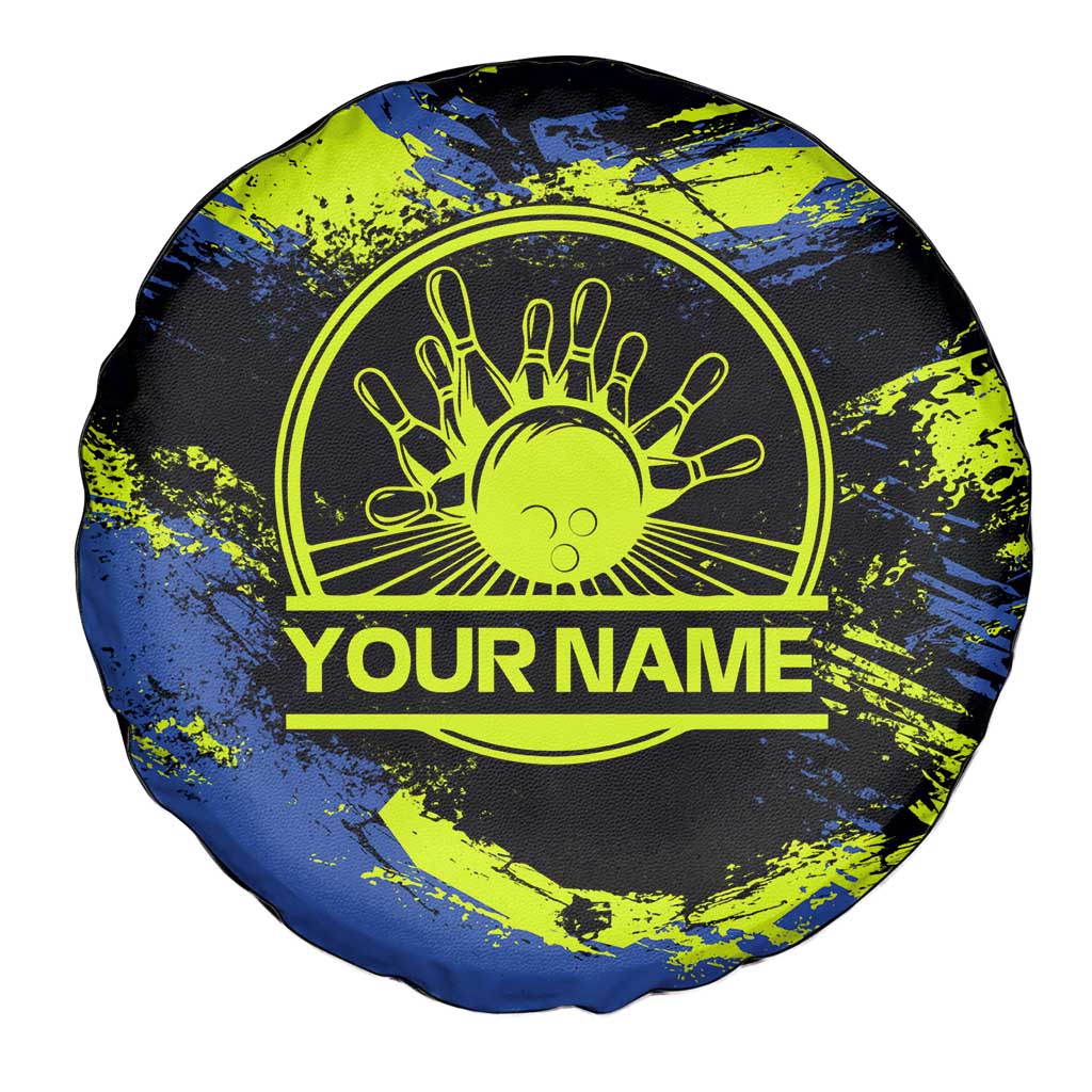 Abstract Blue and Yellow Bowling Ball Strike Design Spare Tire Cover with Custom Name Print - Wonder Print Shop