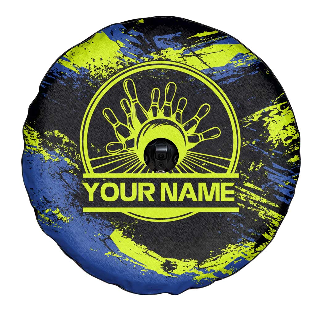 Abstract Blue and Yellow Bowling Ball Strike Design Spare Tire Cover with Custom Name Print - Wonder Print Shop