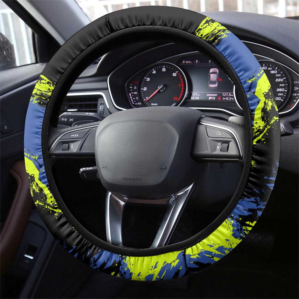 Abstract Blue and Yellow Bowling Ball Strike Design Steering Wheel Cover with Name Print - Wonder Print Shop