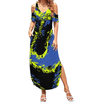 Abstract Blue and Yellow Bowling Ball Strike Design Summer Maxi Dress with Custom Name Print - Wonder Print Shop