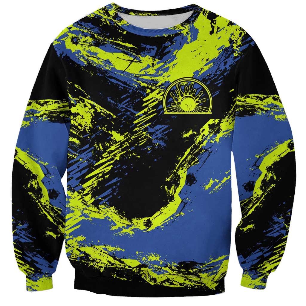 Abstract Blue and Yellow Bowling Ball Strike Design Sweatshirt with Custom Name Print - Wonder Print Shop