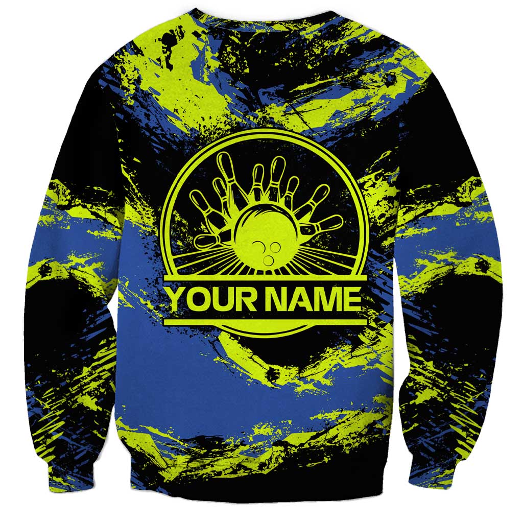 Abstract Blue and Yellow Bowling Ball Strike Design Sweatshirt with Custom Name Print - Wonder Print Shop