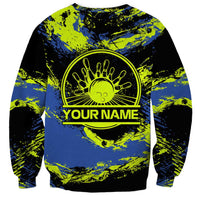 Abstract Blue and Yellow Bowling Ball Strike Design Sweatshirt with Custom Name Print - Wonder Print Shop