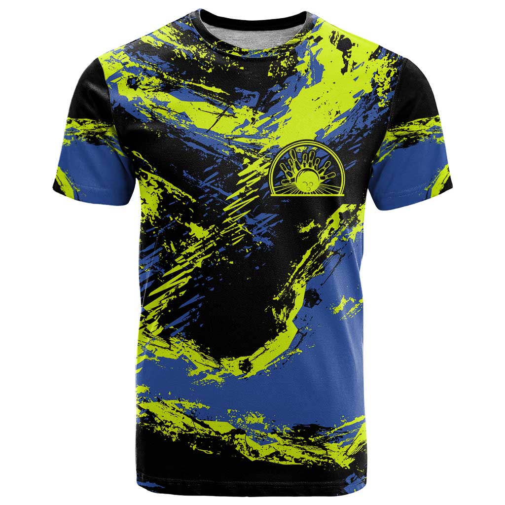 Abstract Blue and Yellow Bowling Ball Strike Design T Shirt with Custom Name Print - Wonder Print Shop