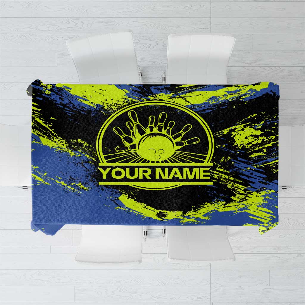 Abstract Blue and Yellow Bowling Ball Strike Design Tablecloth with Custom Name Print - Wonder Print Shop