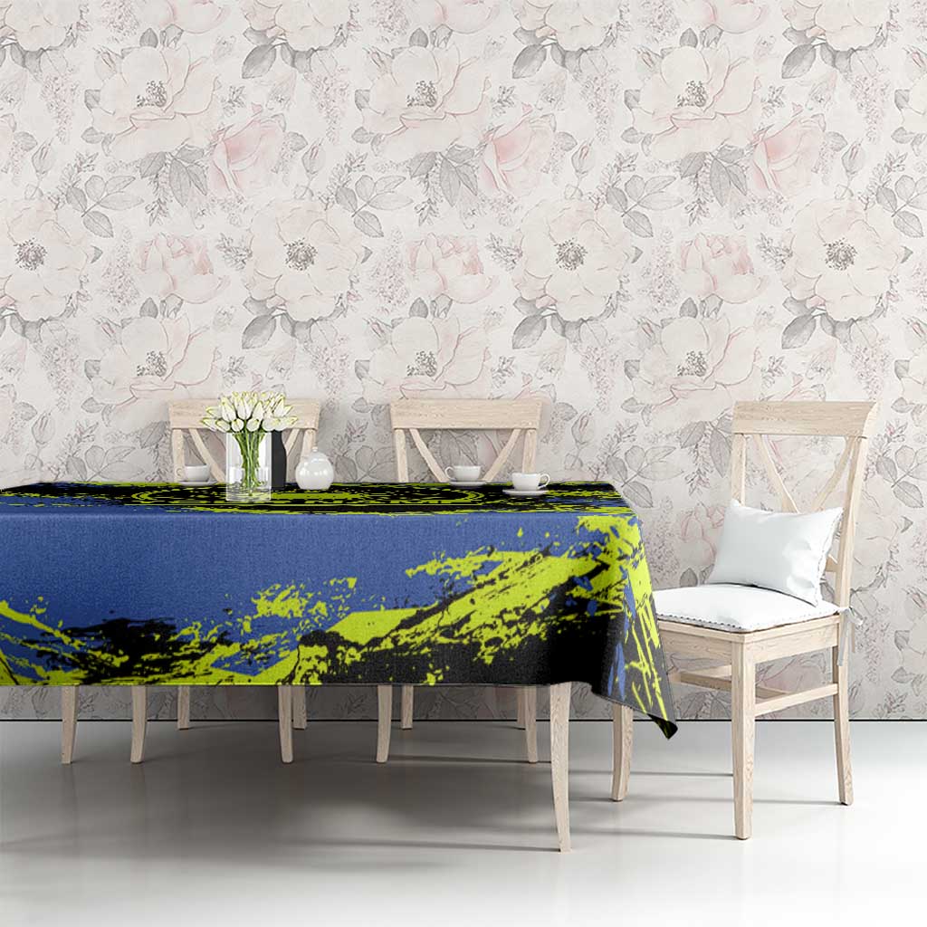 Abstract Blue and Yellow Bowling Ball Strike Design Tablecloth with Custom Name Print - Wonder Print Shop