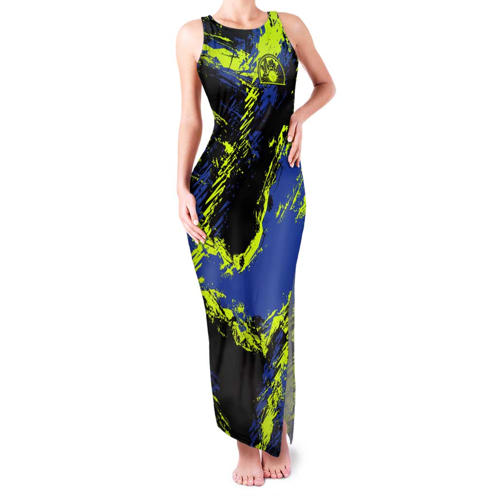 Abstract Blue and Yellow Bowling Ball Strike Design Tank Maxi Dress with Custom Name Print - Wonder Print Shop