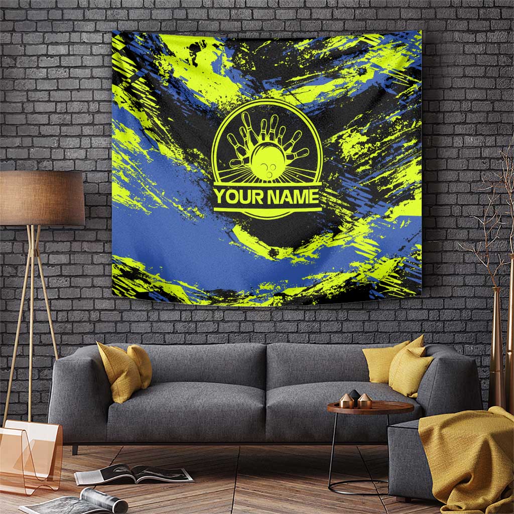 Abstract Blue and Yellow Bowling Ball Strike Design Tapestry with Custom Name Print - Wonder Print Shop