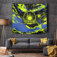Abstract Blue and Yellow Bowling Ball Strike Design Tapestry with Custom Name Print - Wonder Print Shop