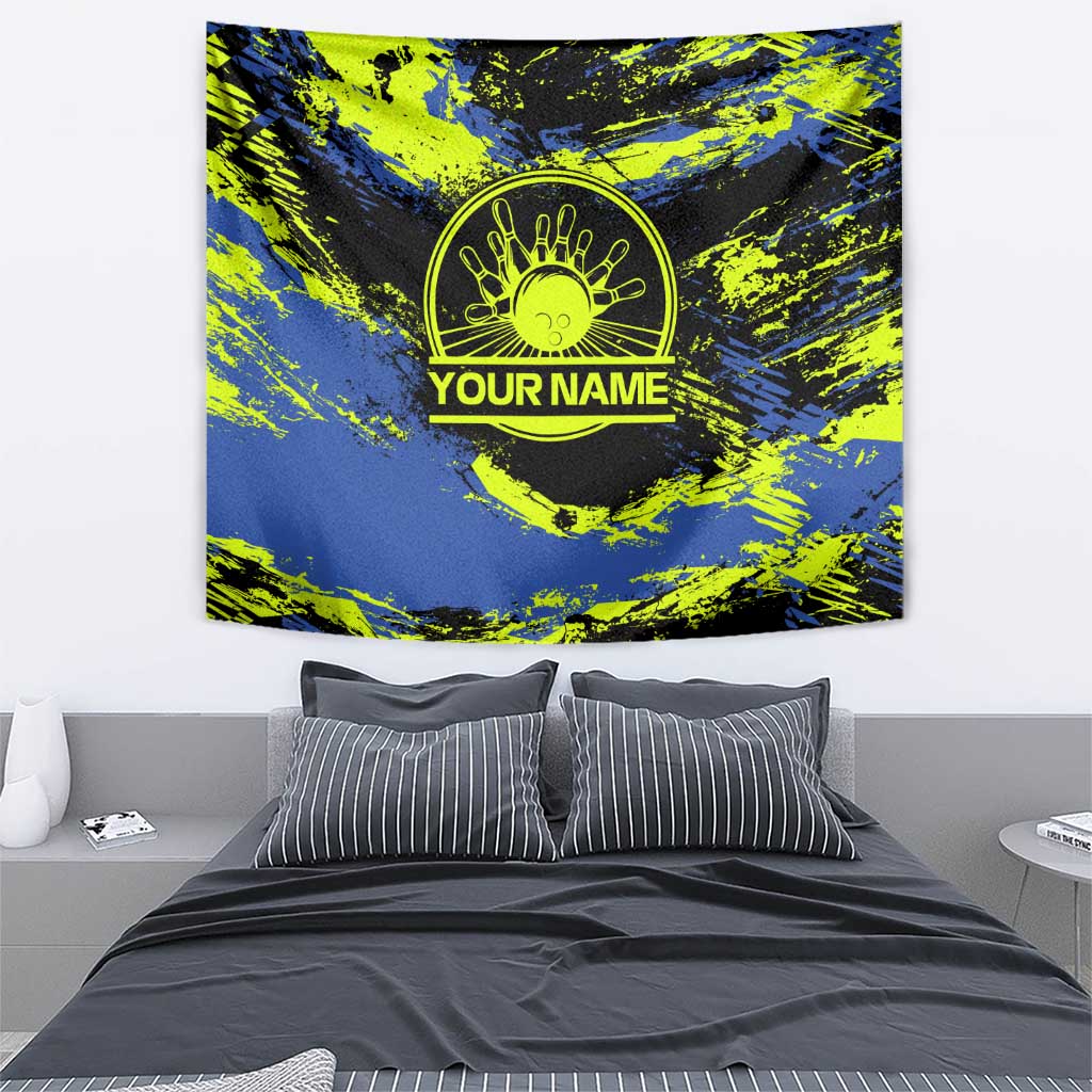 Abstract Blue and Yellow Bowling Ball Strike Design Tapestry with Custom Name Print - Wonder Print Shop