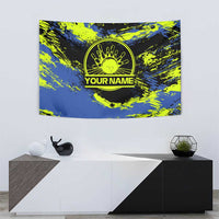 Abstract Blue and Yellow Bowling Ball Strike Design Tapestry with Custom Name Print - Wonder Print Shop