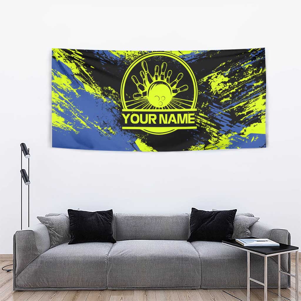 Abstract Blue and Yellow Bowling Ball Strike Design Tapestry with Custom Name Print - Wonder Print Shop