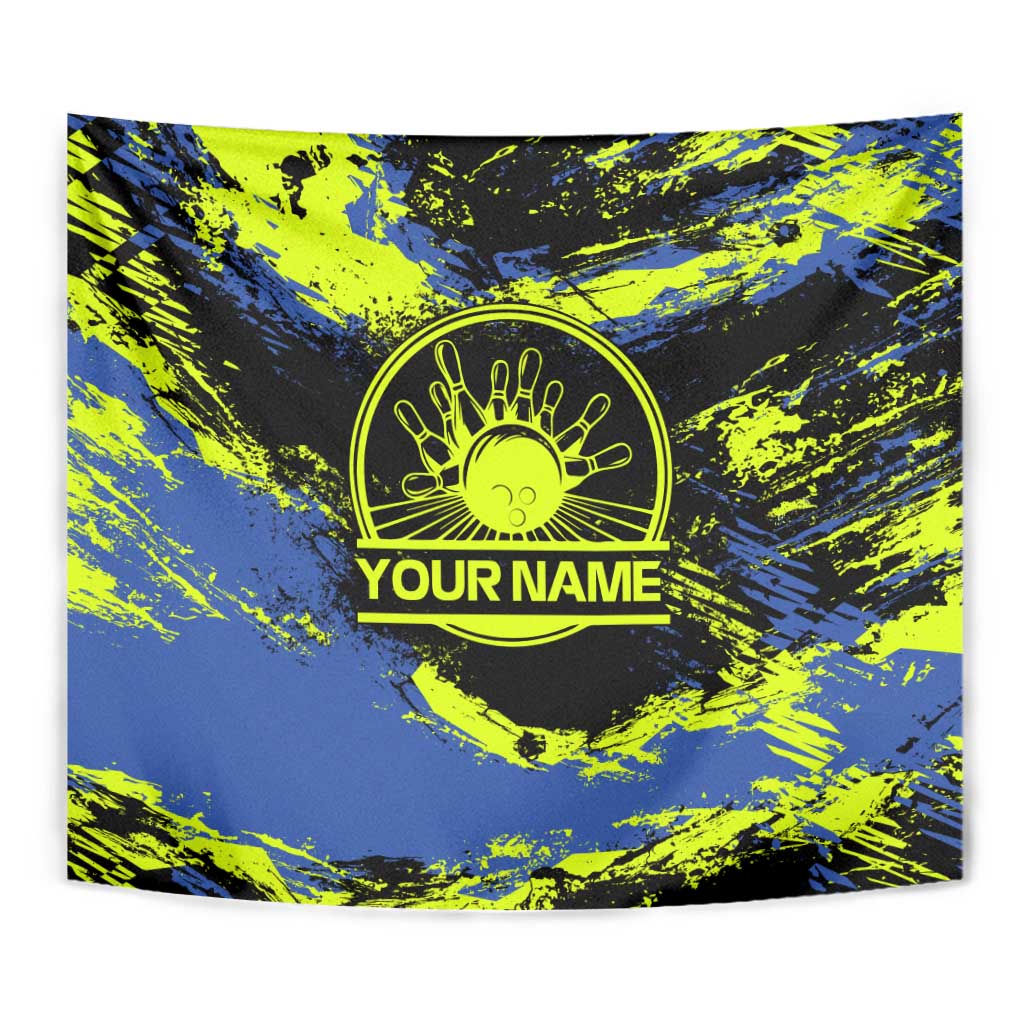 Abstract Blue and Yellow Bowling Ball Strike Design Tapestry with Custom Name Print - Wonder Print Shop