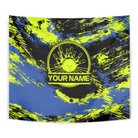 Abstract Blue and Yellow Bowling Ball Strike Design Tapestry with Custom Name Print - Wonder Print Shop