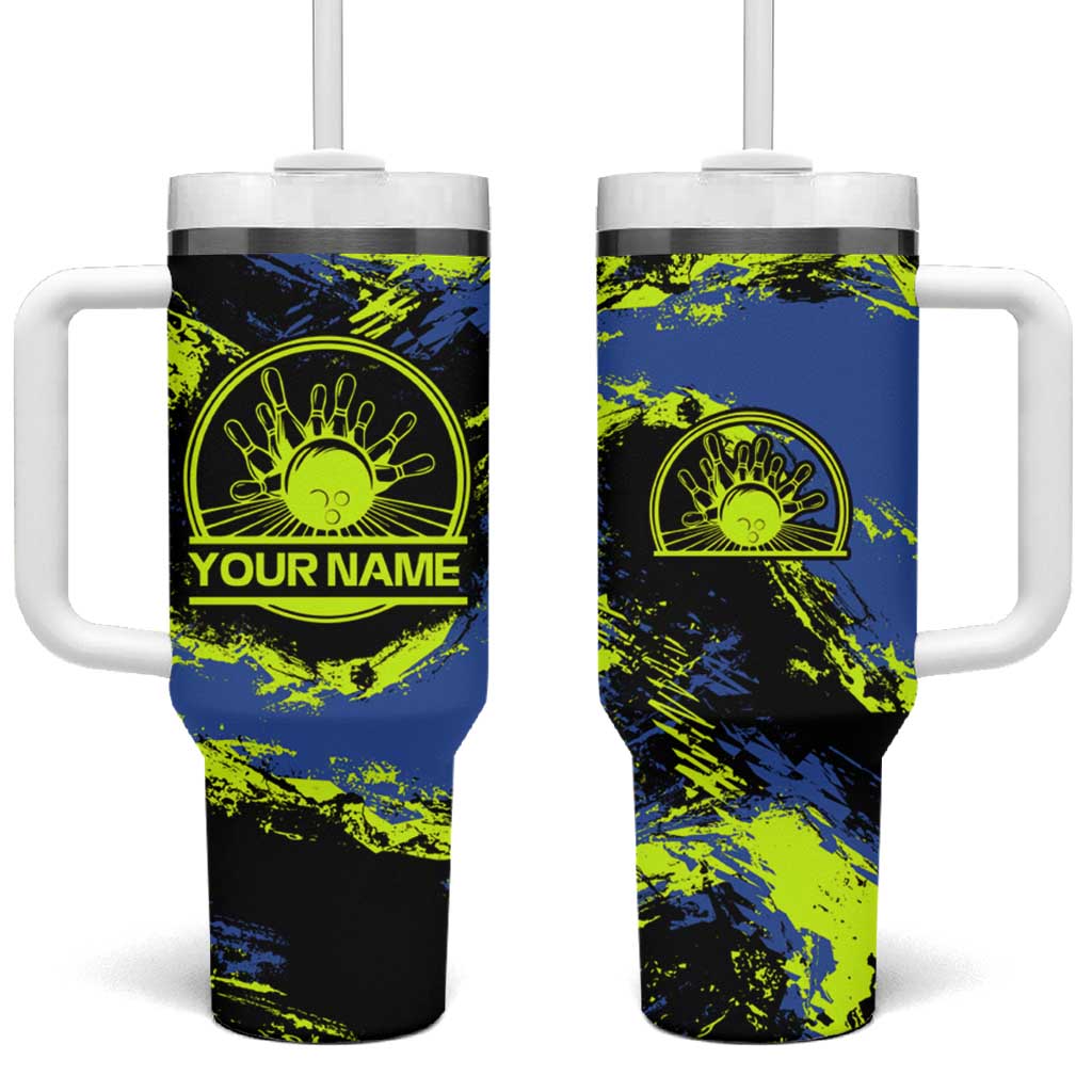 Abstract Blue and Yellow Bowling Ball Strike Design Tumbler With Handle with Custom Name Print - Wonder Print Shop